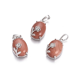 Камень с Пылевым Золотом Синтетические голдстоуновские подвески, с латунной фурнитурой платинового цвета, овальные с цветком, 22x13.8x10.3 мм, отверстие : 6x3.5 мм