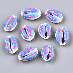 Royal Blue Natural Cowrie Shell Beads, with Enamel Polka Dot Pattern, No Hole/Undrilled, Royal Blue, 16~19x10~12.5x7mm