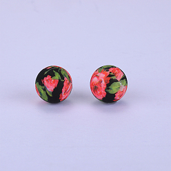 Black Printed Round with Flower Pattern Silicone Focal Beads, Black, 15x15mm, Hole: 2mm