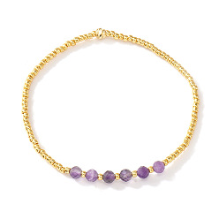 Аметист Эластичные браслеты для женщин из натурального аметиста и латунных бусин., круглые, золотые, 6.89 дюйм (17.5 см)