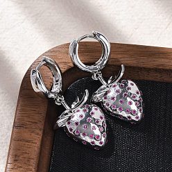 Платина Латунные микро проложить серьги обруча кубического циркония, без свинца и без кадмия, долговечный, стойки покрытие, клубника, платина, 38x18 мм