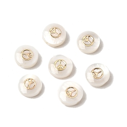 Peace Sign Натуральные пресноводные ракушки, плоские круглые бусины, с золотистыми латунными пластинами, цвет морской раковины, знак мира, 8x3.5 мм, отверстие : 0.9 мм