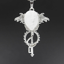 Quartz Crystal Natural Quartz Crystal Pendants, with Platinum Plated Brass Findings, Wing with Key Charms, 47x32x11mm