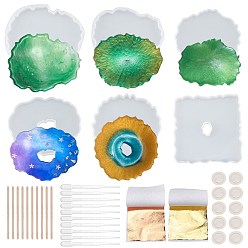 Mixed Color DIY Coasters Makings, with Silicone Molds, Wooden Ice Cream Sticks Latex Finger Cots, Plastic Transfer Pipettes, Foil Paper and 304 Stainless Steel Tweezers, Mixed Color, Silicone Molds: 1pc/size, 6size, 6pcs/set