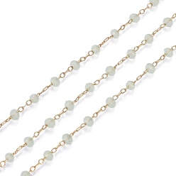 Темный Морско-зеленый Латунные граненые стеклянные цепочки ручной работы из бисера, с катушкой, пайки, долговечный, реальный 18 k позолоченный, рондель, темно-зеленый, 5.5x2.5~3 мм, около 16.4 футов (5 м) / рулон