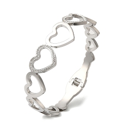 Нержавеющая Сталь Цвет Браслеты-шарниры из нержавеющей стали с полым сердцем и кристаллами горного хрусталя для женщин, цвет нержавеющей стали, внутренний диаметр: 1-7/8x2-3/8 дюйм (4.9x6.1 см), 16 мм