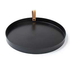 Black Round ABS Plastic Desktop Storage Tray, with PU Leather Handle, Jewelry Trays, Snack Tray Plate, for Living Room Kitchen Table Home Decoration, Black, 26.4x2.4cm