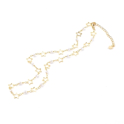 Golden Round Glass Beaded Necklaces, with Brass Star Links, White, Golden, 16.33 inch(41.5cm)
