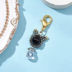 Black Onyx Подвеска в виде кошки из натурального черного оникса и стеклянных бусин, 304 подвески-застежки-лобстеры из нержавеющей стали для украшений сумок, 45.5 мм