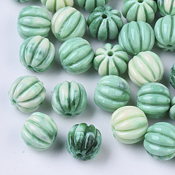 Sea Green Synthetic Coral Corrugated Melon Beads, Dyed, Two Tone, Corrugated Round, Sea Green, 10~11x11.5mm, Hole: 1.5mm