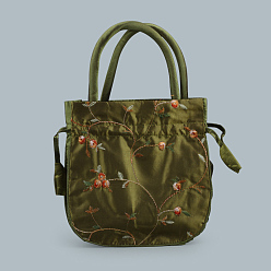 Olive Retro Rectangle Cloth Drawstring Women Wristlets, with Handles, Embroidery Flower Pattern, Olive, 21x20x6cm