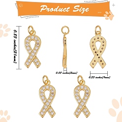Real 18K Gold Plated 5Pcs Brass Micro Pave Clear Cubic Zirconia Pendants, with Jump Ring, Long-Lasting Plated, Awareness Ribbon Shape, Real 18K Gold Plated, 21x9x2mm, Jump Rings: 5x1mm, 3mm Inner Diameter