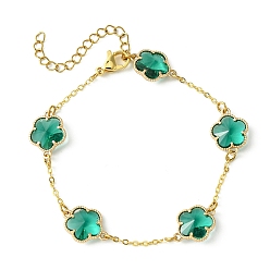 Зеленый Стеклянные браслеты с цветочными звеньями, ювелирные изделия из латунной цепочки для женщин, золотые, зелёные, 7-1/4 дюйм (18.5 см)