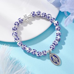 Синий Богородица с крестом, фарфоровые керамические браслеты ручной работы с цветочным принтом, с гальваническим покрытием из немагнитного синтетического гематита и цинкового сплава и 304 фурнитурой из нержавеющей стали, платина, синие, внутренний диаметр: 2-1/4 дюйм (5.8 см)