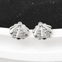 Платина Серьги-гвоздики из латунного микро-паве, формы раковины, платина, 8x9 мм