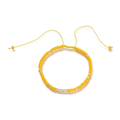 Желтый Регулируемые нейлоновые нити плетеные браслеты из бисера, с гранеными стеклянными бусинами и 18 позолоченными латунными бусинами., рондель, желтые, внутренний диаметр: 1-3/4~3-5/8 дюйм (4.6~9.3 см)