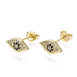 Real 16K Gold Plated Brass Micro Pave Cubic Zirconia Stud Earrings, with Ear Nuts, Nickel Free, Eye, Blue, Real 16K Gold Plated, 6x11.5mm, Pin: 0.8mm