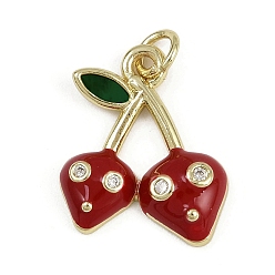 Вишня Латунные микро проложить кубического циркония подвески, с эмалью, без кадмия и без свинца, реальный 18 k позолоченный, с целью перехода в кольце, вишня, 19.5x15.5x3.5 мм, отверстие : 3 мм