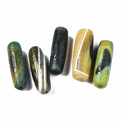 Темно-оливково-зеленый Природного серого агата бисера, окрашенные, баррель с цветочным узором, темно-оливковый зеленый, 35~42.5x10~15 мм, отверстие : 1.4~3 мм