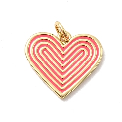 Ярко-Розовый Латунь эмаль подвески, сердце, с прыжковых колец, реальный 18 k позолоченный, стойки покрытие, долговечный, без кадмия и без свинца, ярко-розовый, 15x17x1.5 мм, отверстие : 3.2 мм