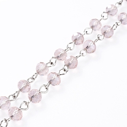 Pink Ручной работы гальваническим стеклом бисером цепи, с платиновым покрытием, несварные, розовые, 39.37 дюйм (100 см), бусины : 6x4.5 мм