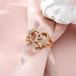 Letter P Сердце с цветком полые латунные перстни, золотые, Письмо P, внутренний диаметр: 17 мм