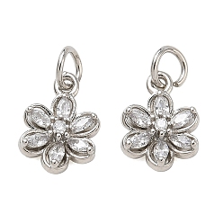 Platinum Brass Micro Pave Clear Cubic Zirconia Charms, Flower Charms, Rack Plating, Long-Lasting Plated, Cadmium Free & Lead Free, Platinum, 12.5x9x3.5mm, Hole: 3mm