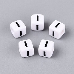 Letter I Opaque Acrylic Beads, Cube with Number, with Enamel, Black, Letter I, 7.5~8x7.5~8x8~8.5mm, Hole: 3.6~4mm, about 1200pcs/500g
