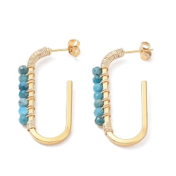 Апатит Серьги-гвоздики из натурального апатита с бусинами, вакуумное покрытие pvd 304 овальные серьги-кольца из нержавеющей стали, 41x19x3.5 мм