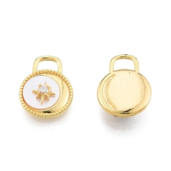 Real 18K Gold Plated Synthetic White Shell Pendants, with Brass Pave Clear Cubic Zirconia Findings, Flat Round Charm with Star, Real 18K Gold Plated, 15.5x12x4.2mm, Hole: 4x2.5mm