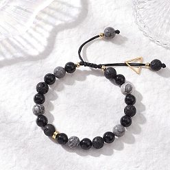 Черный Природная лава, Природные обсидиана, Браслеты из натурального камня-карты/камня Пикассо/яшмы Пикассо с регулируемыми бусинами, круглые, чёрные, внутренний диаметр: 2-1/8 ~ 2-7/8 дюйм (5.4~7.4 см)