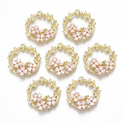 Rose Nacré Pendentifs en alliage, lunette arrière ouverte, pour Saint Valentin, avec abs en plastique imitation perle, couronne de branche d'olivier, or, perle rose, 24x22.5x4mm, Trou: 1.6mm
