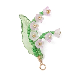 Розовый Стеклянные подвески с медной проволокой, цветочный шарм, с акриловыми листьями и бисером., туманная роза, 35.5x22x10 мм, отверстие : 2.5 мм
