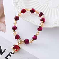 Средний Фиолетово-красный Браслеты из окрашенных натуральных бусин тигрового глаза, браслеты из энергетических камней фэн-шуй, кошка, средне фиолетовый красный, 6-3/4 дюйм (17 см)