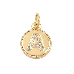 Letter A Breloques en laiton zircon cubique transparent, rond plat avec breloques en forme de lettre, plaqué longue durée, sans plomb et sans cadmium, crémaillère plaquage, réel 18 k plaqué or, lettre a, 12.5x10x1.5mm, Trou: 3mm