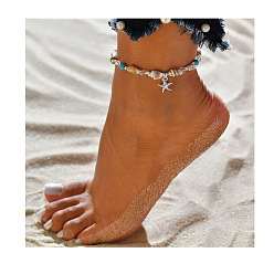 Античное Серебро Браслеты для лодыжек в стиле бохо с натуральными ракушками и синтетической бирюзой, сплавные браслеты с подвесками в виде морской звезды для летнего пляжа, античное серебро, 9-1/8 дюйм (230 мм)