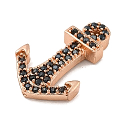 Rose Gold Brass Micro Pave Black Cubic Zirconia Pendants, Anchor Charms, Rose Gold, 27x17.5x5mm, Hole: 1mm