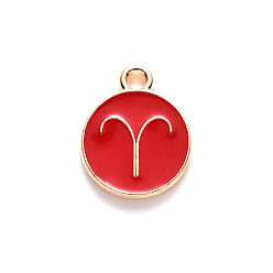 Aries Alloy Enamel Pendants, Flat Round with Constellation, Light Gold, Red, Aries, 15x12x2mm, Hole: 1.5mm, 100pcs/Box