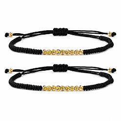 Black Brass Round Braided Bead Bracelet Sets, Adjustable Stackable Bracelets, Golden, Black, 11.02 inch(28cm), 2pcs/set