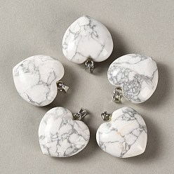 Howlite Natural Howlite Pendants, Heart Charms, with 304 Stainless Steel Snap on Bails, Stainless Steel Color, 32~33x30x14~15mm, Hole: 7.5x4mm