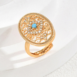 Синий Латунные микропаве кубические цирконии полые геометрические регулируемые кольца для пальцев, овальная с цветочным узором, синие, 26x18 мм, внутренний диаметр: регулируемый