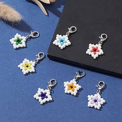 Mixed Color Star Glass Seed Beads Pendants, with Zinc Alloy Lobster Claw Clasps, Mixed Color, 28~29mm, 7pcs/set