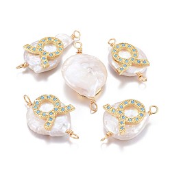 Taurus Natural Pearl Links connectors, with Brass Micro Pave Cubic Zirconia Findings, Flat Round with Constellation, Golden, Deep Sky Blue, Taurus, 20~26x9~17x5~11mm, Hole: 1.6mm
