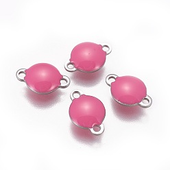 Ярко-Розовый 304 соединительные звенья эмалированные нержавеющие, эмалированные блестки, плоско-круглые, цвет нержавеющей стали, ярко-розовый, 12x8x4 мм, отверстие : 1.4 мм