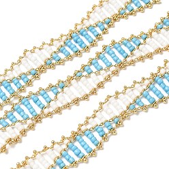 Светло-Голубой Цельнозерновые бисерные цепочки, с цепочкой из латуни с покрытием из настоящего золота 18k, пайки, Небесно-голубой, 12.5~15.5x2.5 мм