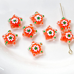 Orange Red Handmade Lampwork Beads, Famille Rose Porcelain, Star, Orange Red, 13x6mm, Hole: 1.2mm