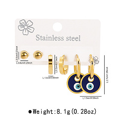 Черный 3 пары 304 наборы серег с эмалью от сглаза из нержавеющей стали с плоскими круглыми серьгами, золотые, чёрные, 27x15мм и 14x3мм и 6мм