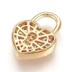 Real 18K Gold Plated Brass Micro Pave Cubic Zirconia Pendants, Real 18K Gold Plated, Heart Padlock, Golden, 20x14x3.5mm, Hole: 6x6.5mm
