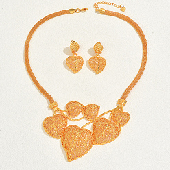 Настоящее золото 18K Комплекты серег и ожерелий из винтажного сплава с полыми листьями для женщин, реальный 18 k позолоченный, ожерелья: 18.11 дюйм (46 см)