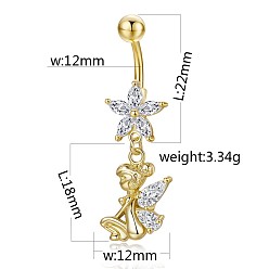 Clear Piercing Jewelry, Brass Cubic Zirciona Navel Ring, Belly Rings, with 304 Stainless Steel Bar, Lead Free & Cadmium Free, Heart and Elf, Clear, 40mm, Pendant: 18x12mm, Bar: 14 Gauge(1.6mm), Bar Length: 3/8"(10mm)